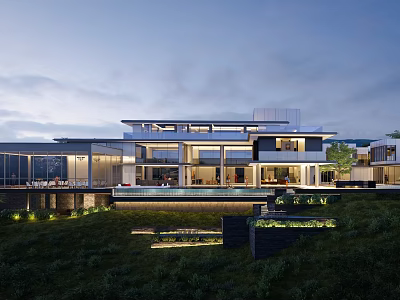 Modern Detached Villa Exterior Design With Glass Facade Lawn Swimming Pool And Lighting 3d model