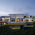 Modern Detached Villa Exterior Design With Glass Facade Lawn Swimming Pool And Lighting
