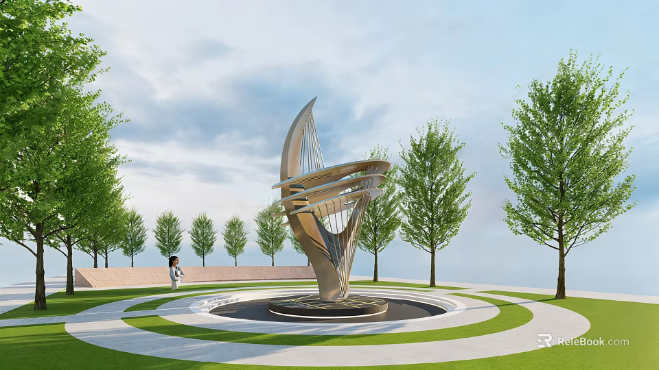 Modern Streamlined Metal Landscape Sculpture In Park With Green Lawn And Trees 3d model 