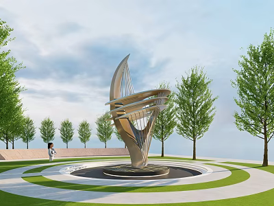 Modern Streamlined Metal Landscape Sculpture In Park With Green Lawn And Trees 3d model