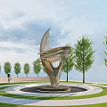 Modern Streamlined Metal Landscape Sculpture In Park With Green Lawn And Trees