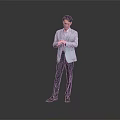 Man In Light Blue Blazer And Dark Pants Standing On Gray Background Using Hands 3d model