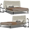 Double Bed With Tufted White Headboard Brown Bed Sheets And Side Tables With Flowers 3d model