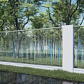 Modern Building Exterior Wall Design With White Columns Metal Railings Green Trees And Lush Grass