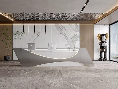 Modern Reception Desk with Curved Design Marble Wall Wooden Panels Computers Green Plant and Sculpture 3d model