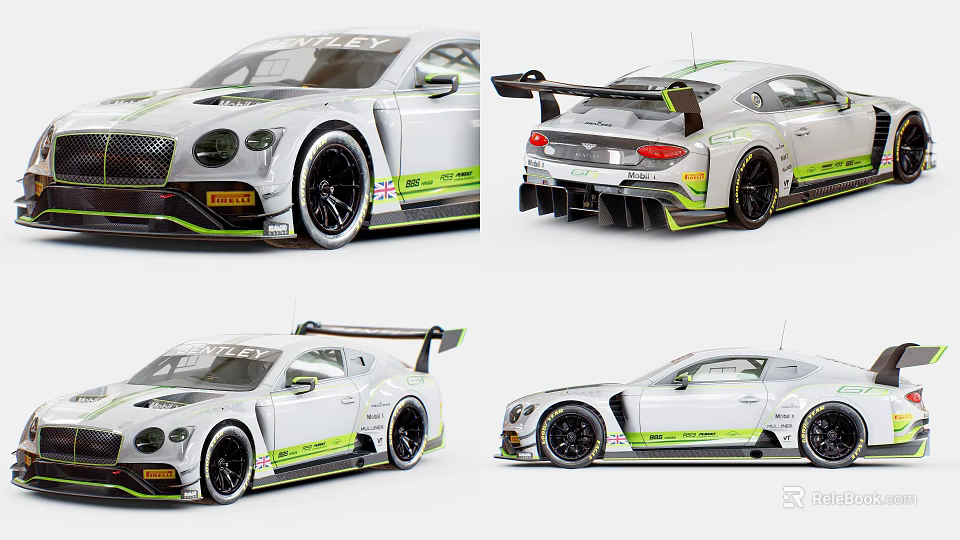 Bentley Race Car With White Body Green Accents And Aerodynamic Rear Spoiler 3d model 