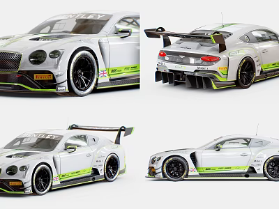Bentley Race Car With White Body Green Accents And Aerodynamic Rear Spoiler 3d model