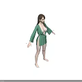 Woman in Green Silk Robe with White Lingerie Standing Barefoot on Gray Background