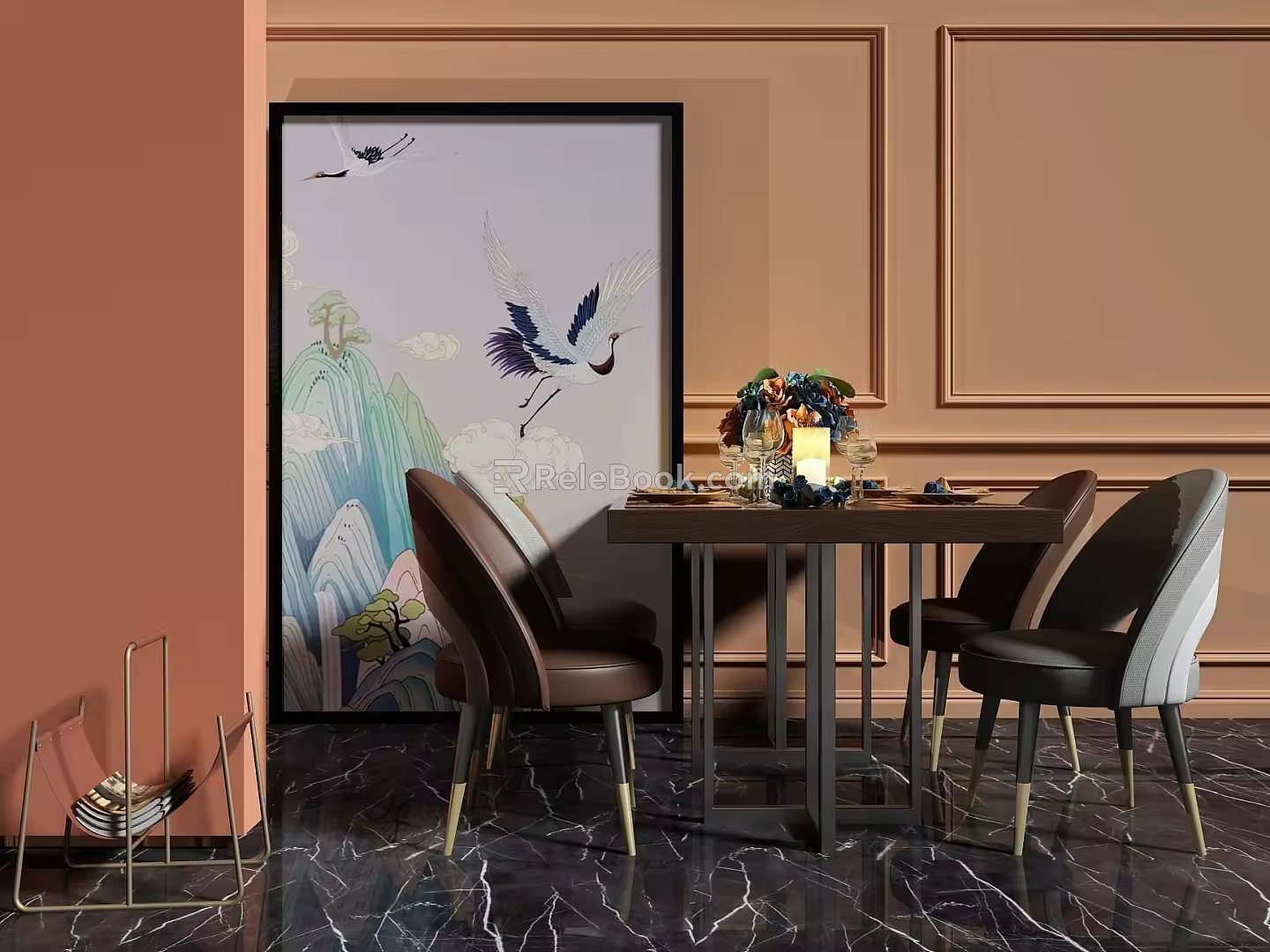 Modern multi-person dining table and chairs 3d model