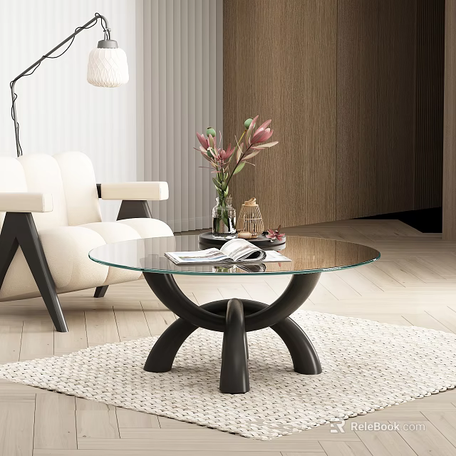 Modern Glass Top Coffee Table With Black Modern Base In Living Room With Flowers And Magazine 3d model 