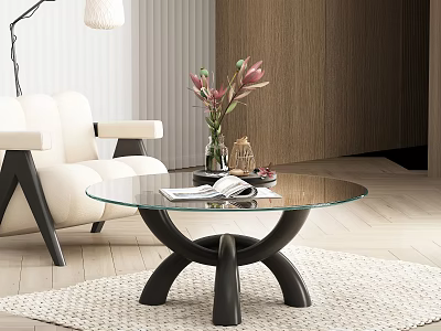 Modern Glass Top Coffee Table With Black Modern Base In Living Room With Flowers And Magazine 3d model