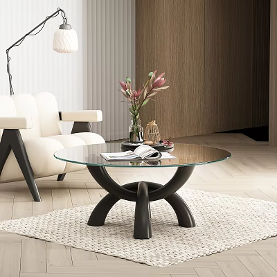 Modern Glass Top Coffee Table With Black Modern Base In Living Room With Flowers And Magazine 3d model