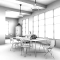 Modern Meeting Room With Large Windows City View Long Table Chairs And Pendant Lights