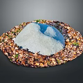 Wood And Stone Decorative Circle Featuring Blue Stone Center Brown Wood Chips And Green Plants