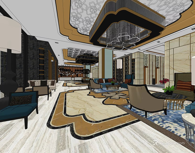 Elegant Shop Front Desk In Luxury Interior With Chandelier And Marble Elements 3d model 