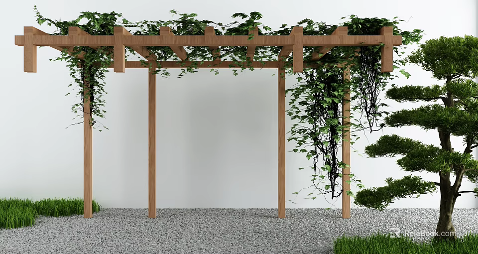 Wooden Pergola Covered With Green Vines Against White Wall Gravel Ground And Trimmed Shrubs 3d model 