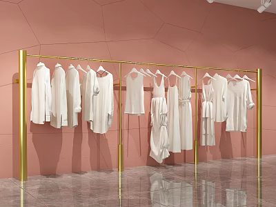 Clothing Store With Pink Wall And Golden Rack Displaying White Apparel Collection 3d model