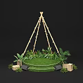 Floral Installation Featuring Circular Grass Platform Wooden Triangular Frame String Lights Green Plants And Flowers 3d model