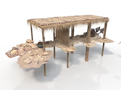 Rustic Thatched Roof Structure With Wooden Posts Platforms And Stone Decorations 3d model