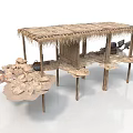 Rustic Thatched Roof Structure With Wooden Posts Platforms And Stone Decorations