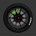 Car Wheel With Black Rim Red Bolts Green Brake Caliper And ADVAN Tire