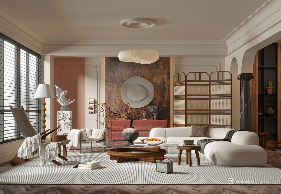 Modern Living Room Interior With White Sofa Coffee Table Pendant Light And Artwork 3d model 