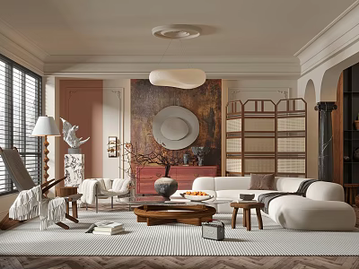 Modern Living Room Interior With White Sofa Coffee Table Pendant Light And Artwork 3d model