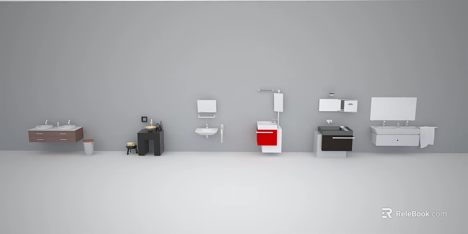 Modern Bathroom Interior Design With Various Colored Washbasins And Mirrors 3d model