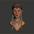 Traditional Woman Head Sculpture With Turban Large Green Earrings And Feather Necklace