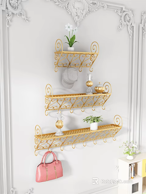 Gold Metal Decorative Wall Mounted Shelves with Plants Vases and Plates on White Wall 3d model 