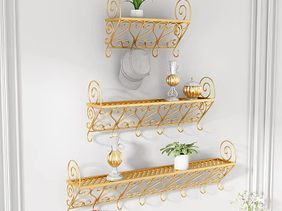Gold Metal Decorative Wall Mounted Shelves with Plants Vases and Plates on White Wall 3d model