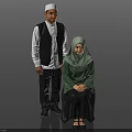 Two Muslim People In Traditional Clothing Standing And Sitting Against Gray Background