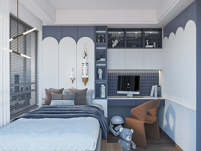 Tatami Bedroom Interior Design With Bed Desk Chair Cabinets And Stuffed Toy 3d model