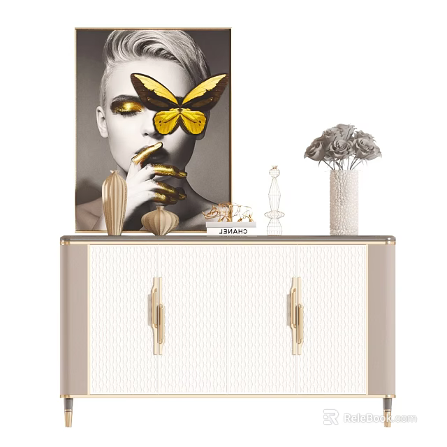 Elegant Modern Entryway Console Table With Gold Handles And Decorative Butterfly Vase 3d model 