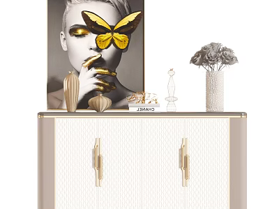 Elegant Modern Entryway Console Table With Gold Handles And Decorative Butterfly Vase 3d model