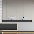 Modern Reception Desk Design With Two Monitors Minimalist Wall And Potted Plant