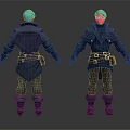 3D Character Design With Blue Hair Armor Costume Back And Front View Details