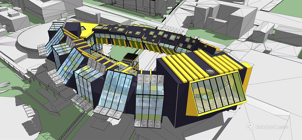 Modern Building Exterior Design With Glass Facade Yellow Black Roof And Unique Geometric Structure 3d model 