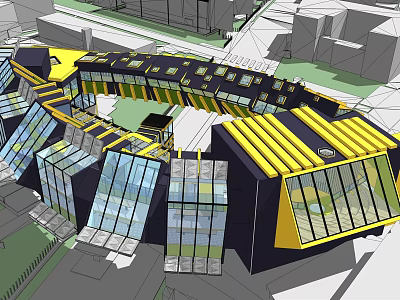 Modern Building Exterior Design With Glass Facade Yellow Black Roof And Unique Geometric Structure 3d model