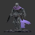 Futuristic Warrior Character In Armor With Purple Scarf Dual Guns On Lava Rock Base