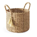 Three Handwoven Wicker Storage Baskets with Pom poms Tassels and Handles for Home Decor