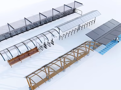 Outdoor Canopy Design For Public Spaces With Transparent Roof Wooden Metal Frames And Benches 3d model