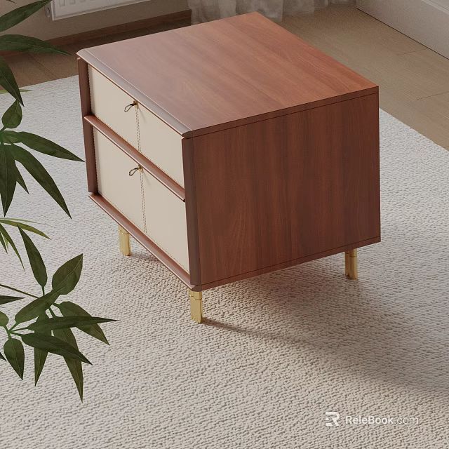 Modern Walnut Bedside Table With Two Beige Drawers And Golden Legs Near Green Plant 3d model 