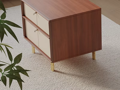 Modern Walnut Bedside Table With Two Beige Drawers And Golden Legs Near Green Plant 3d model