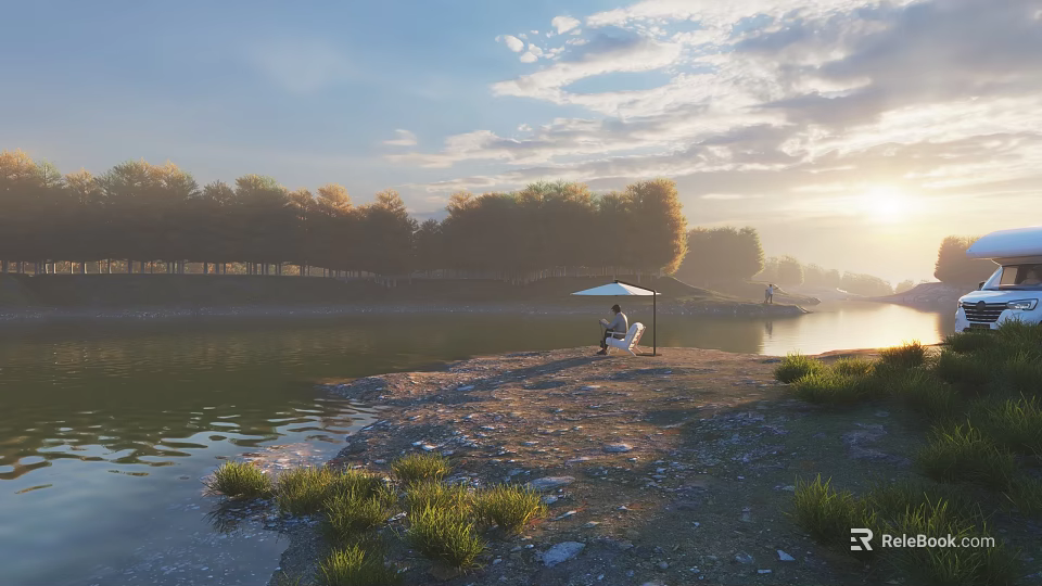 Person Sitting On Riverside Island With Umbrella During Sunset Near Trees And Grass 3d model 