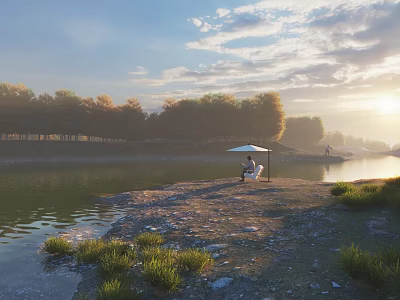 Person Sitting On Riverside Island With Umbrella During Sunset Near Trees And Grass 3d model