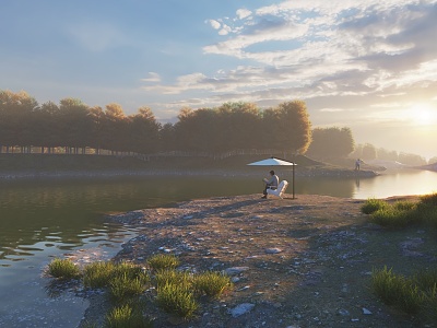 Dusk Early Morning Riverside Scenery Lakeside Scenery Waterscape Wetland Park Beach Figure Leisure RV 3d model