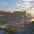 Person Sitting On Riverside Island With Umbrella During Sunset Near Trees And Grass