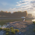 Dusk Early Morning Riverside Scenery Lakeside Scenery Waterscape Wetland Park Beach Figure Leisure RV 3d model