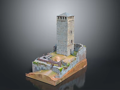 Ancient Stone Tower With Surrounding Ruined Walls Historical Scenic Landscape View 3d model
